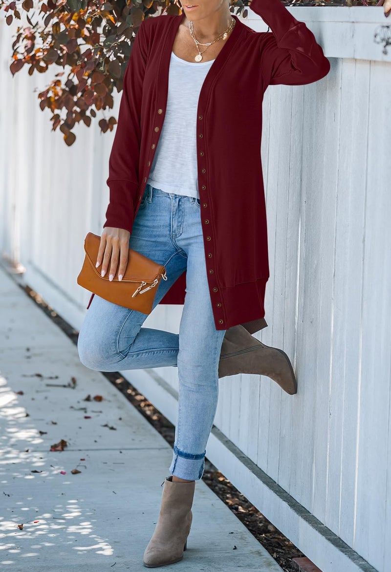 MEROKEETY Women's 2026 Spring Long Sleeve Cardigan Sweater Lightweight Snap Button Down Open Front Casual Outfit, Wine, XXL - Image 2